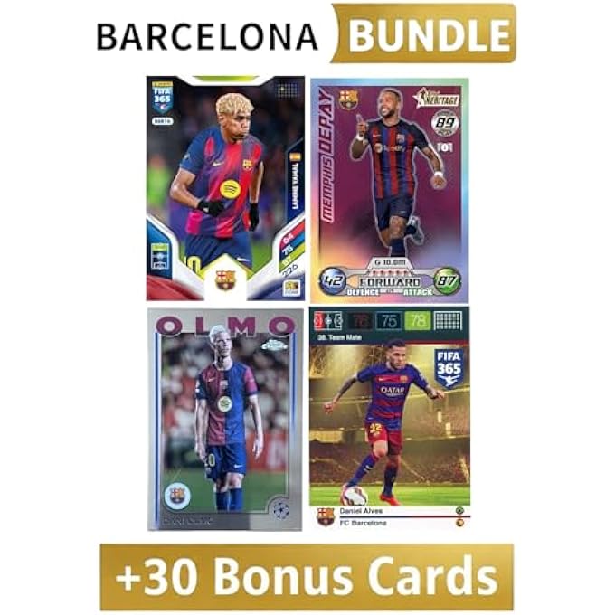 rayihni FC BARCELONA MYSTERY BUNDLE  LAMINE YAMAL, DANI ALVES, DANI OLMO, MEMPHIS DEPAY + 30 BONUS BARCELONA CARDS  FOOTBALL TRADING CARDS - Image 1